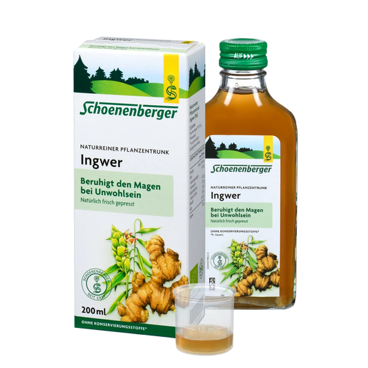 Schoenenberger Ingwer Pflanzentrunk Bio 200ml mit Verpackung, Flasche und Dosierbecher
