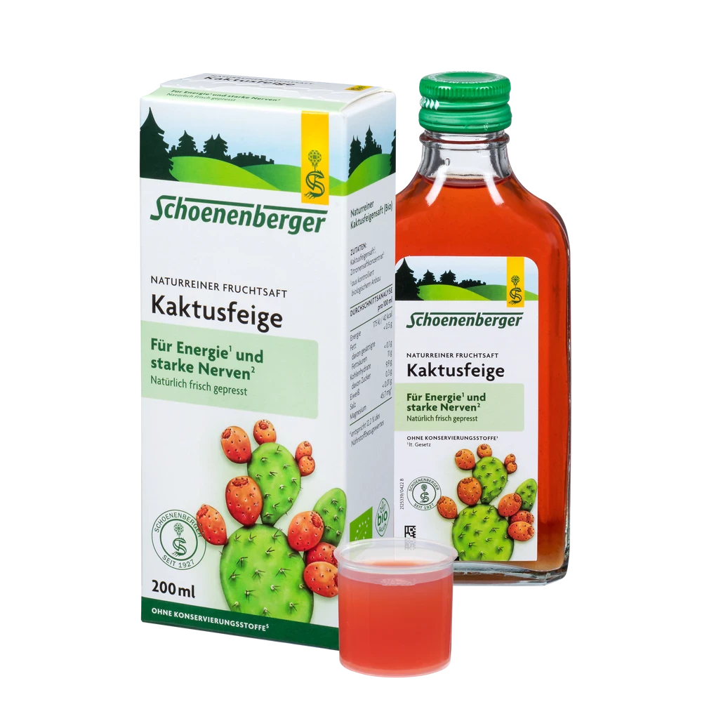 Schoenenberger Kaktusfeige Saft Bio 200 ml – Verpackung mit Glasflasche und Dosierbecher