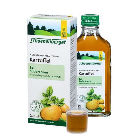 Schoenenberger Kartoffel Pflanzensaft bio 200 ml mit Flasche, Verpackung und Dosierbecher