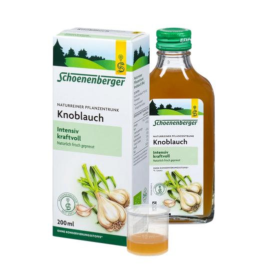 Schoenenberger Knoblauchsaft Bio 200ml – Flasche, Faltschachtel und Dosierbecher zusammen