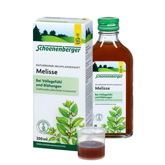 Schoenenberger Melissensaft 200 ml mit Packung, Flasche und Dosierbecher – naturreiner Heilpflanzensaft