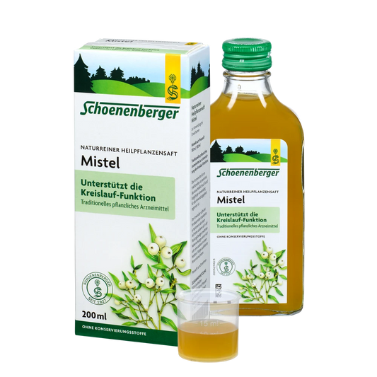 Schoenenberger Mistelsaft 200 ml – Flasche mit Verpackung und Dosierbecher