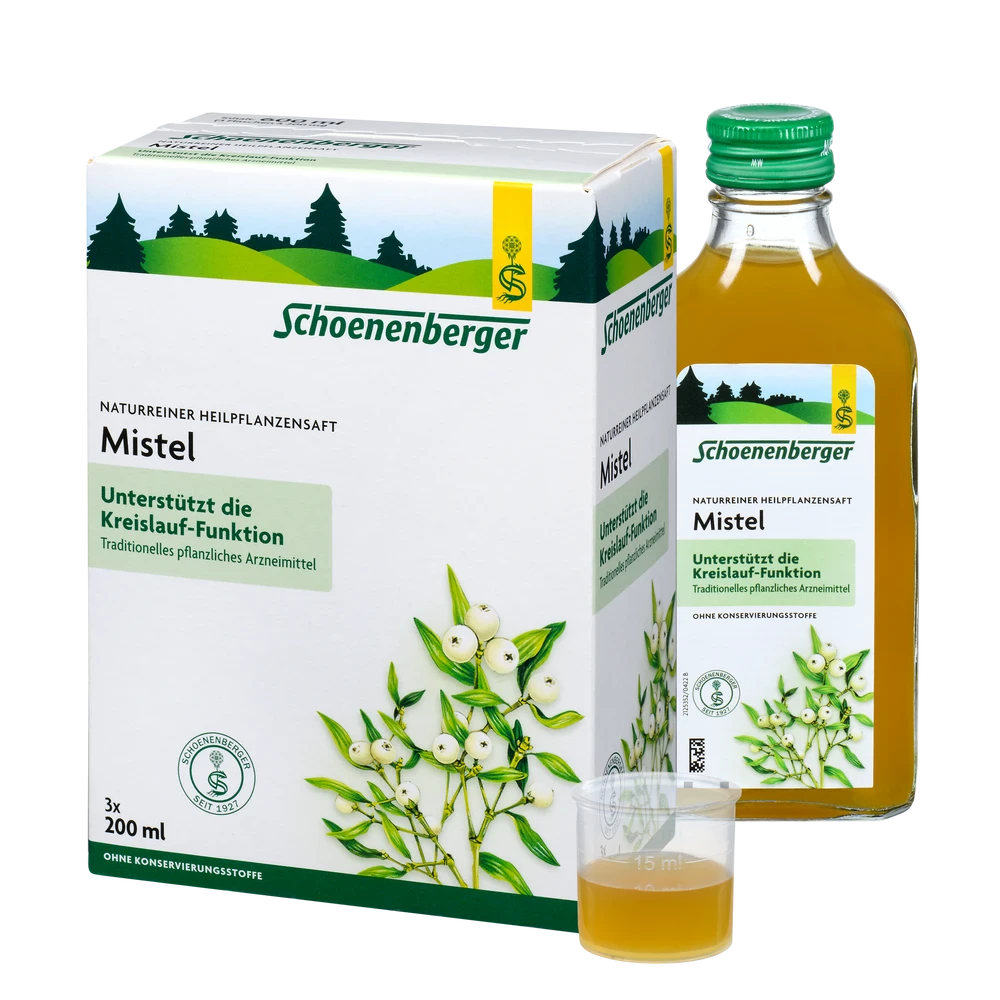 Schoenenberger Mistelsaft 3x200 ml – naturreiner Heilpflanzensaft mit Flasche und Verpackung