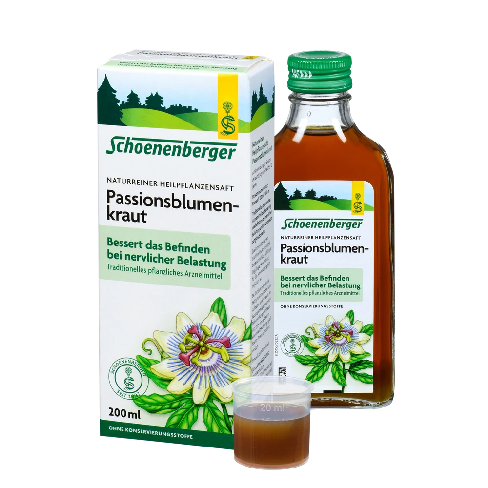 Schoenenberger Passionsblumenkraut Saft 200 ml Flasche mit Packung und Dosierbecher