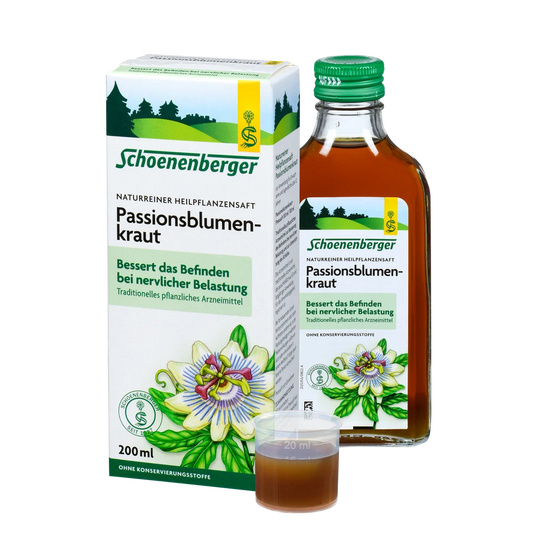 Schoenenberger Passionsblumenkraut Saft 200 ml Flasche mit Packung und Dosierbecher