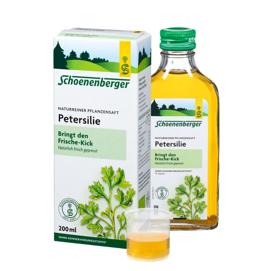 Schoenenberger Petersilie Pflanzensaft Bio 200ml – Set mit Faltschachtel, Glasflasche und Dosierbecher