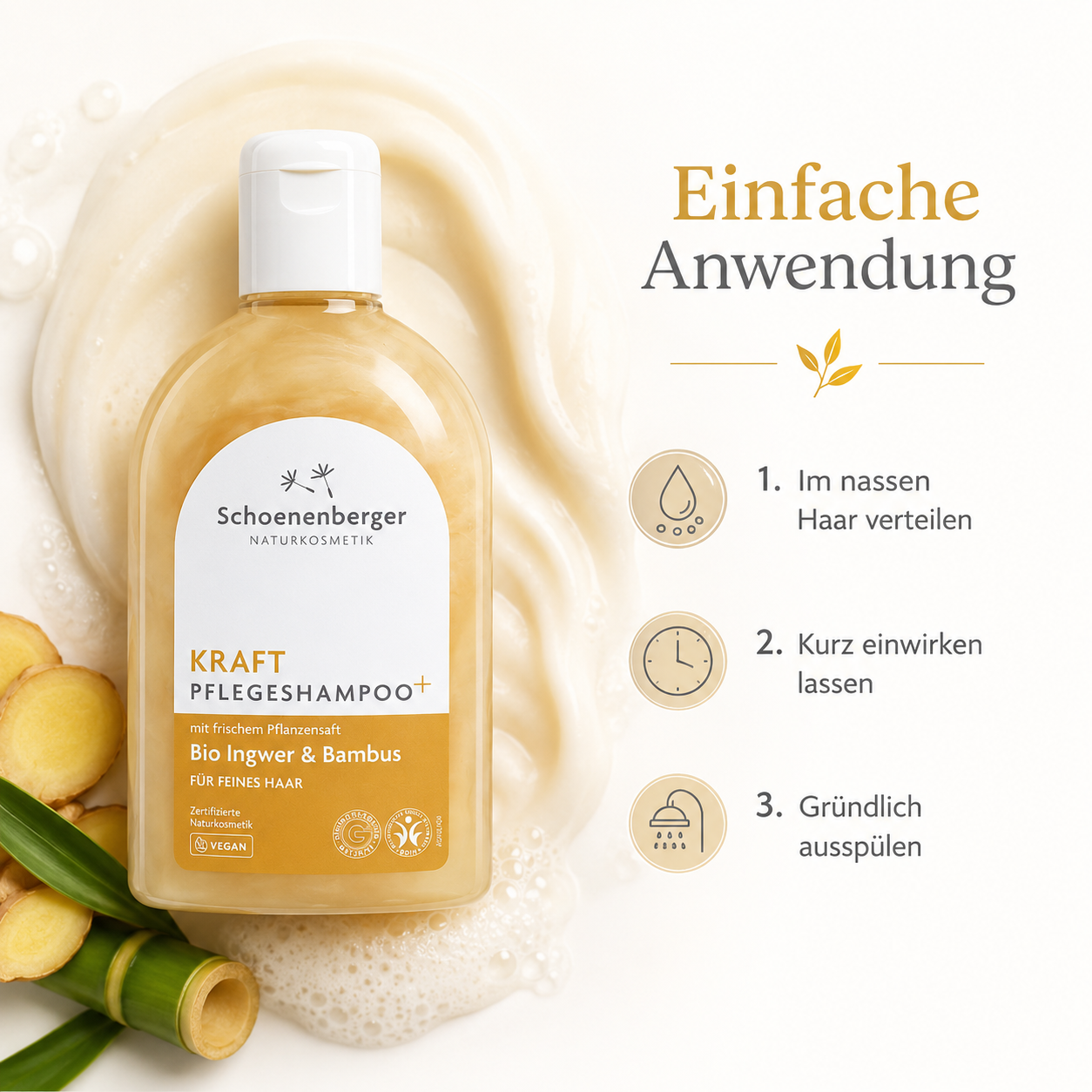 Anwendung des Schoenenberger Pflegeshampoos: im nassen Haar verteilen und gründlich ausspülen