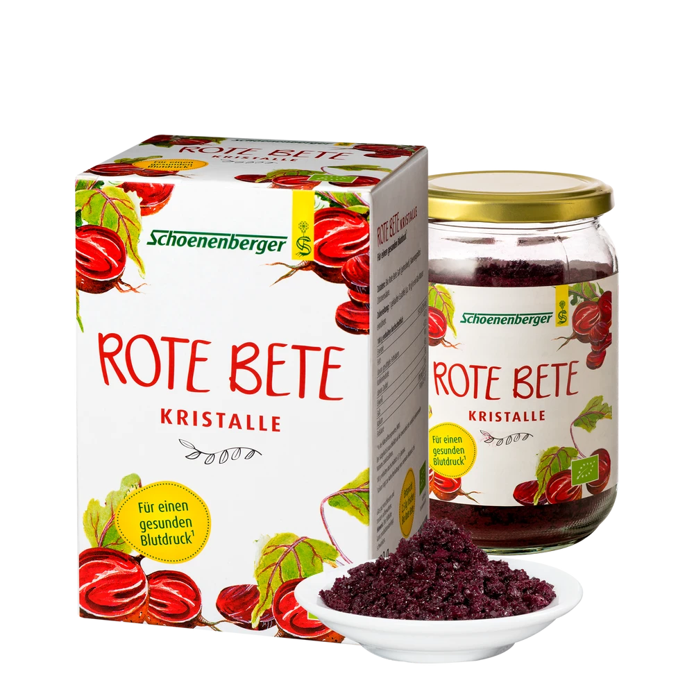 Schoenenberger Rote Bete Kristalle bio 200g im Set mit Packung, Glas und Schale
