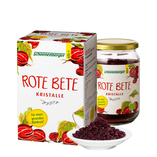 Schoenenberger Rote Bete Kristalle bio 200g im Set mit Packung, Glas und Schale
