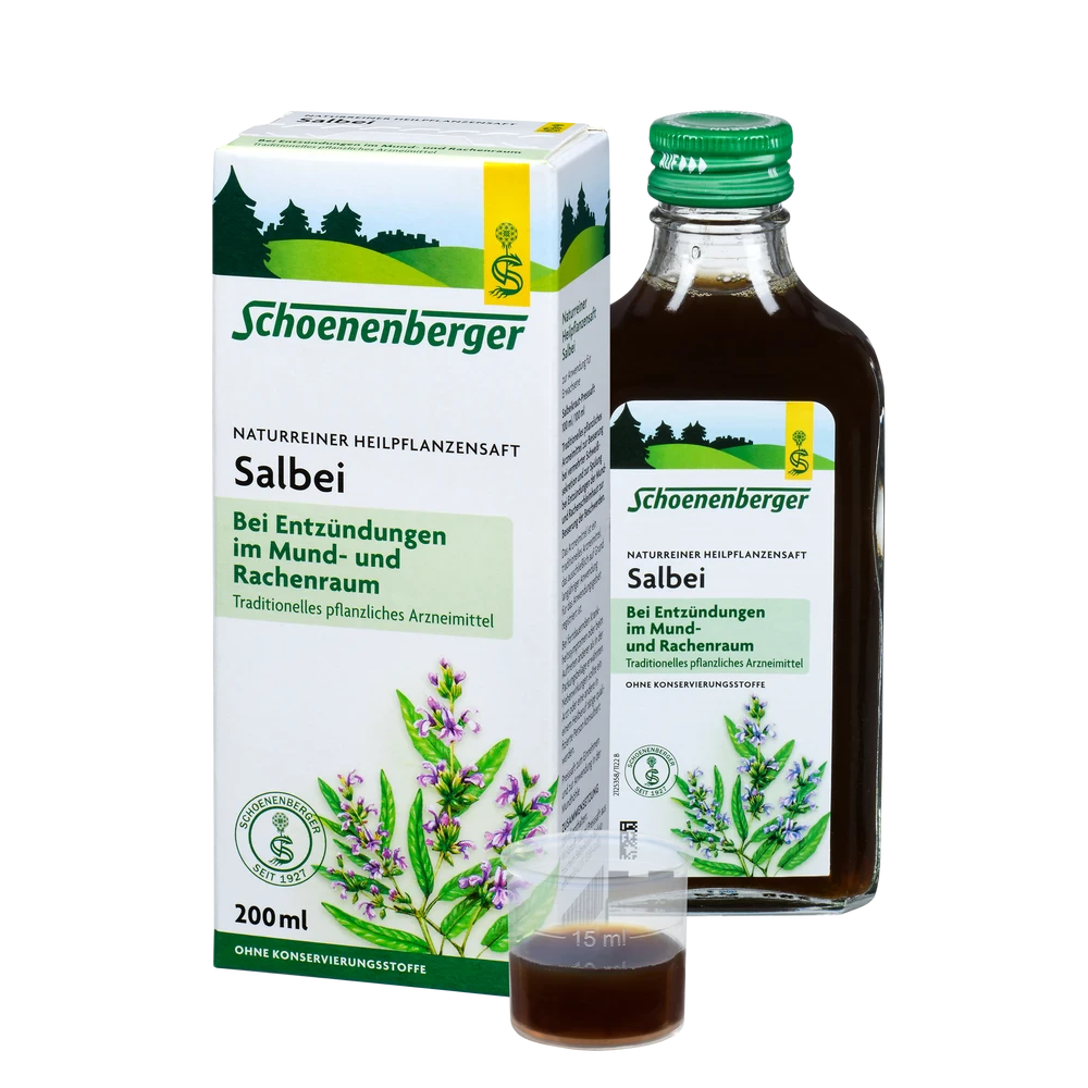 Schoenenberger Salbei Heilpflanzensaft 200 ml mit Packung, Glasflasche und Dosierbecher