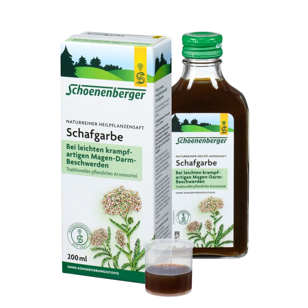 Schoenenberger Schafgarbe Saft 200 ml – Packung mit Flasche und Dosierbecher