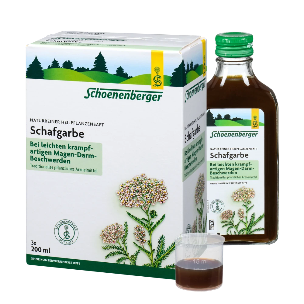 Schoenenberger Schafgarbe Saft 3x200 ml – Packung mit Flasche und Dosierbecher