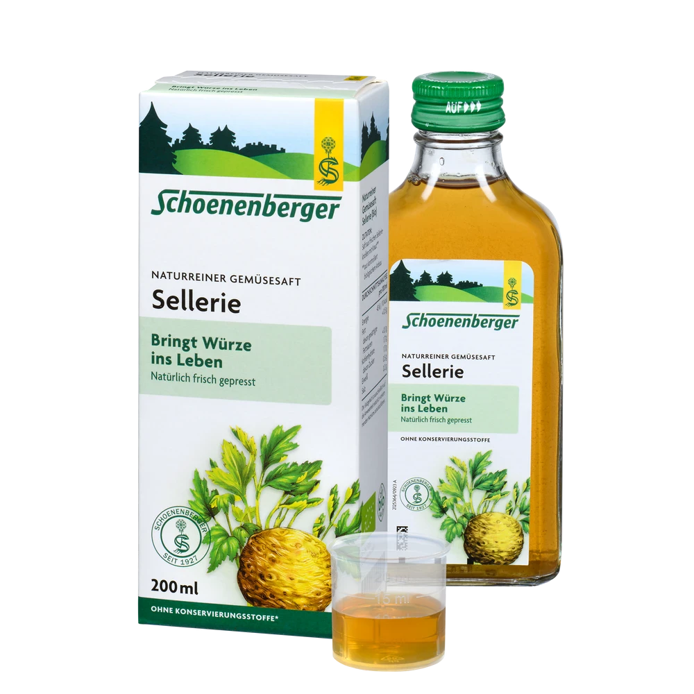 Schoenenberger Sellerie Saft 200ml mit Packung, Flasche und Dosierbecher