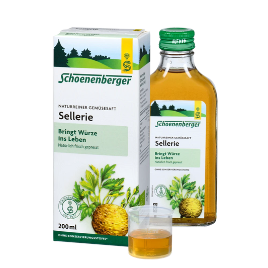 Schoenenberger Sellerie Saft 200ml mit Packung, Flasche und Dosierbecher