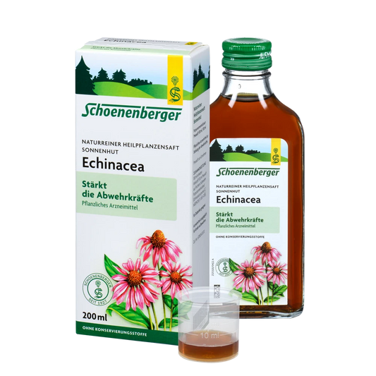 Schoenenberger Naturreiner Heilpflanzensaft Sonnenhut Echinacea 200ml mit Verpackung, Flasche und Dosierbecher