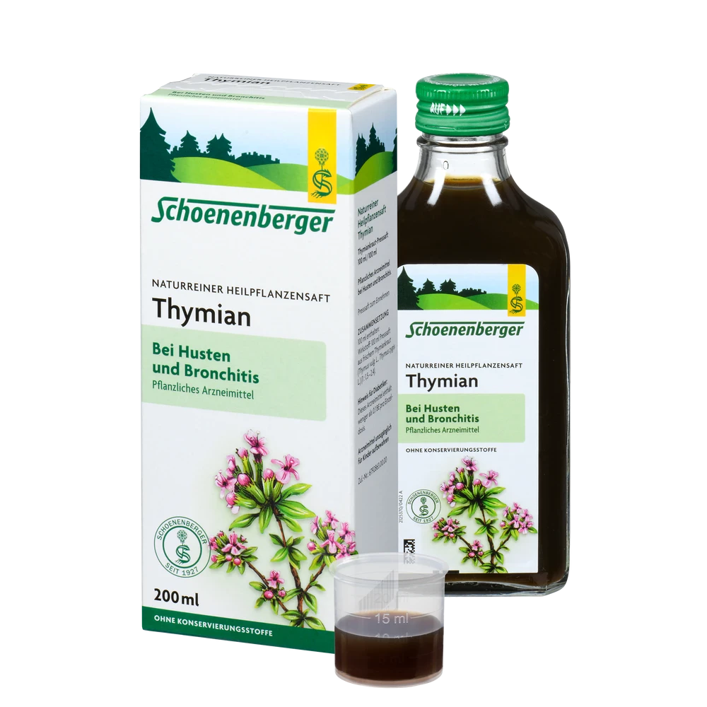 Schoenenberger Thymian Saft 200ml Packung mit Flasche und Dosierbecher