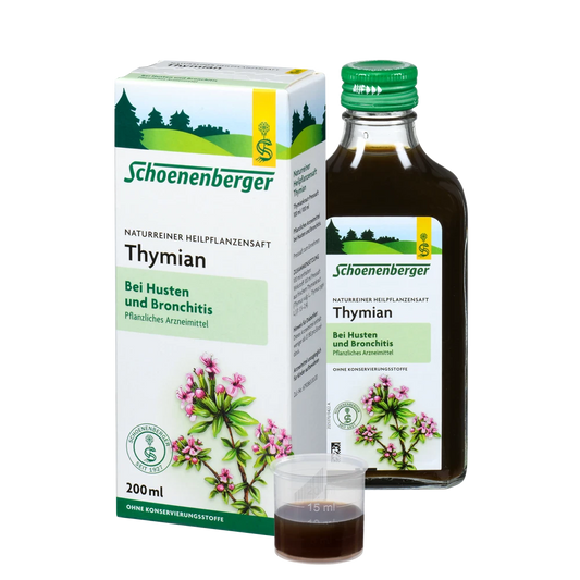 Schoenenberger Thymian Saft 200ml Packung mit Flasche und Dosierbecher