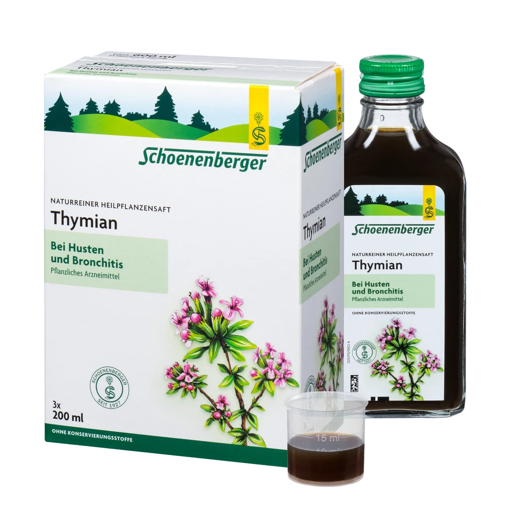 Schoenenberger Thymian Saft 3x200ml Packung mit Flasche und Dosierbecher