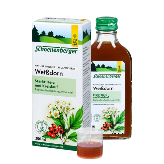 Schoenenberger Weißdorn Saft 200 ml mit Verpackung und Dosierbecher – traditionelles pflanzliches Arzneimittel