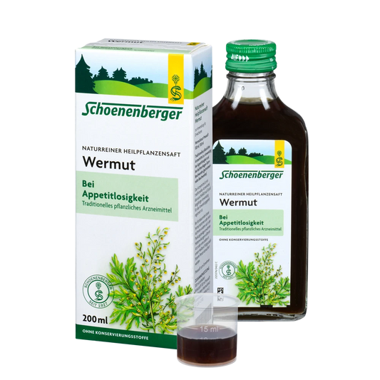 Schoenenberger Wermut Heilpflanzensaft 200 ml – Flasche, Dosierbecher und Verpackung zusammen abgebildet
