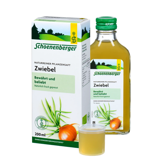 Schoenenberger Zwiebel Saft 200ml Bio Pflanzensaft Packung und Flasche mit Dosierbecher