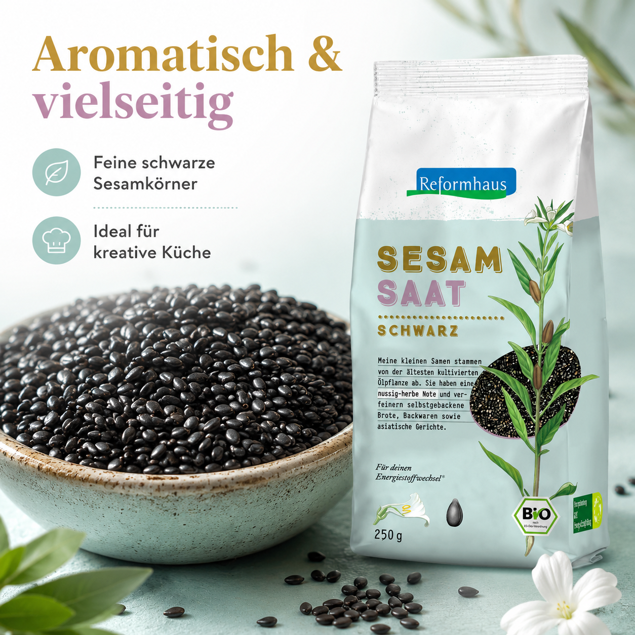 Aromatische schwarze Bio-Sesamsaat von Reformhaus mit feinen Sesamkörnern für die kreative Küche
