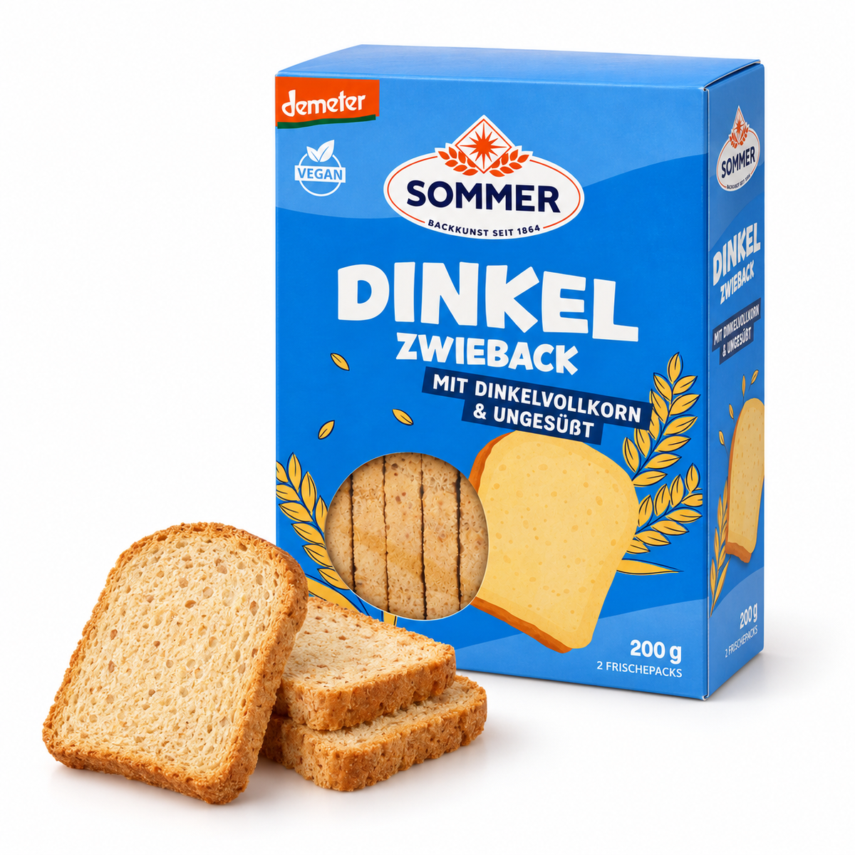 Sommer Dinkel-Zwieback 200 g mit knusprigen Zwiebackscheiben vor der Packung