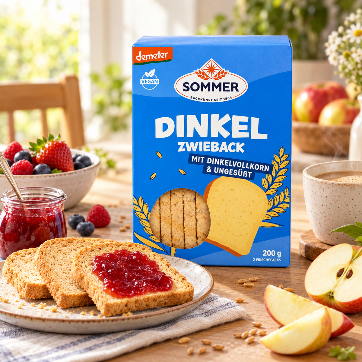 Sommer Dinkel-Zwieback beim Frühstück mit Marmelade, Beeren, Apfel und Heißgetränk
