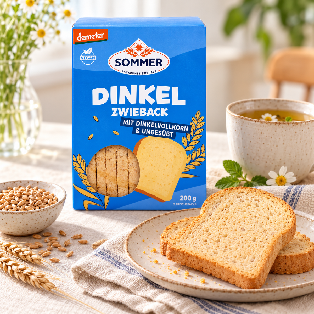 Sommer Dinkel-Zwieback mit Zwiebackscheiben, Dinkelkörnern und einer Tasse Tee