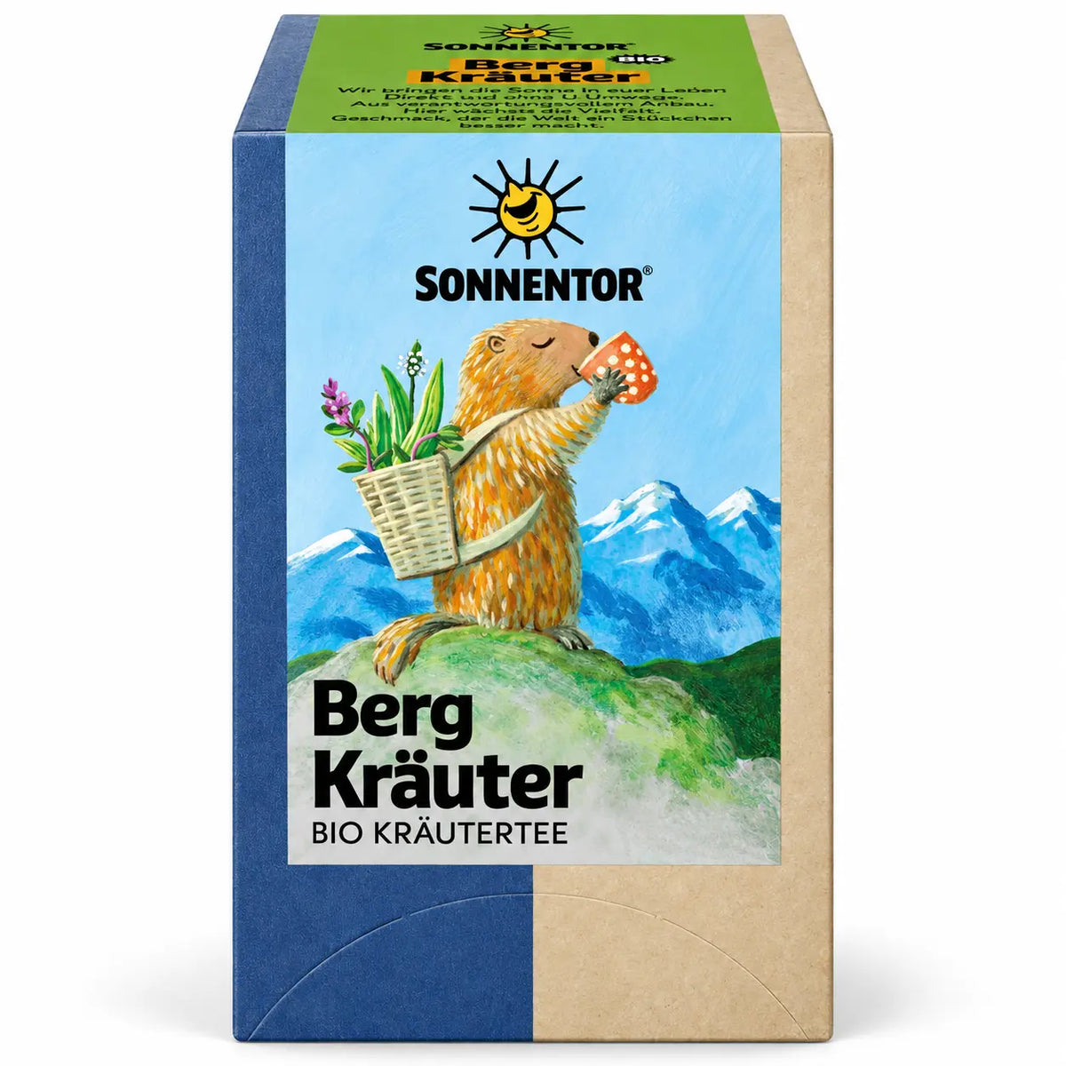 SONNENTOR Bergkräuter Bio-Kräutertee, 18 Teebeutel mit 27 g Inhalt, Originalverpackung mit Murmeltiermotiv auf weißem Hintergrund.