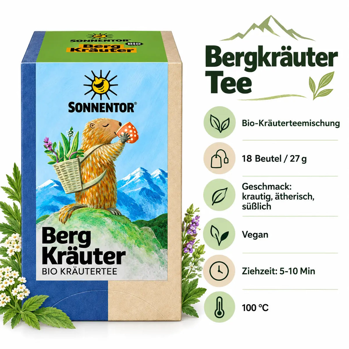 SONNENTOR Bergkräuter Bio-Kräutertee mit Produktinformationen zu 18 Teebeuteln, 27 g Inhalt, veganer Rezeptur und Zubereitung bei 100 °C.