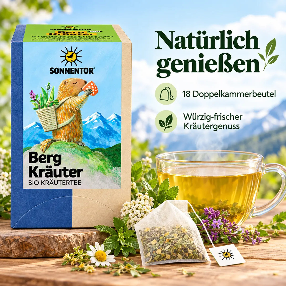 SONNENTOR Bergkräuter Bio-Tee mit 18 Doppelkammerbeuteln, aufgebrühtem Kräutertee und Kräutern für würzig-frischen Teegenuss.
