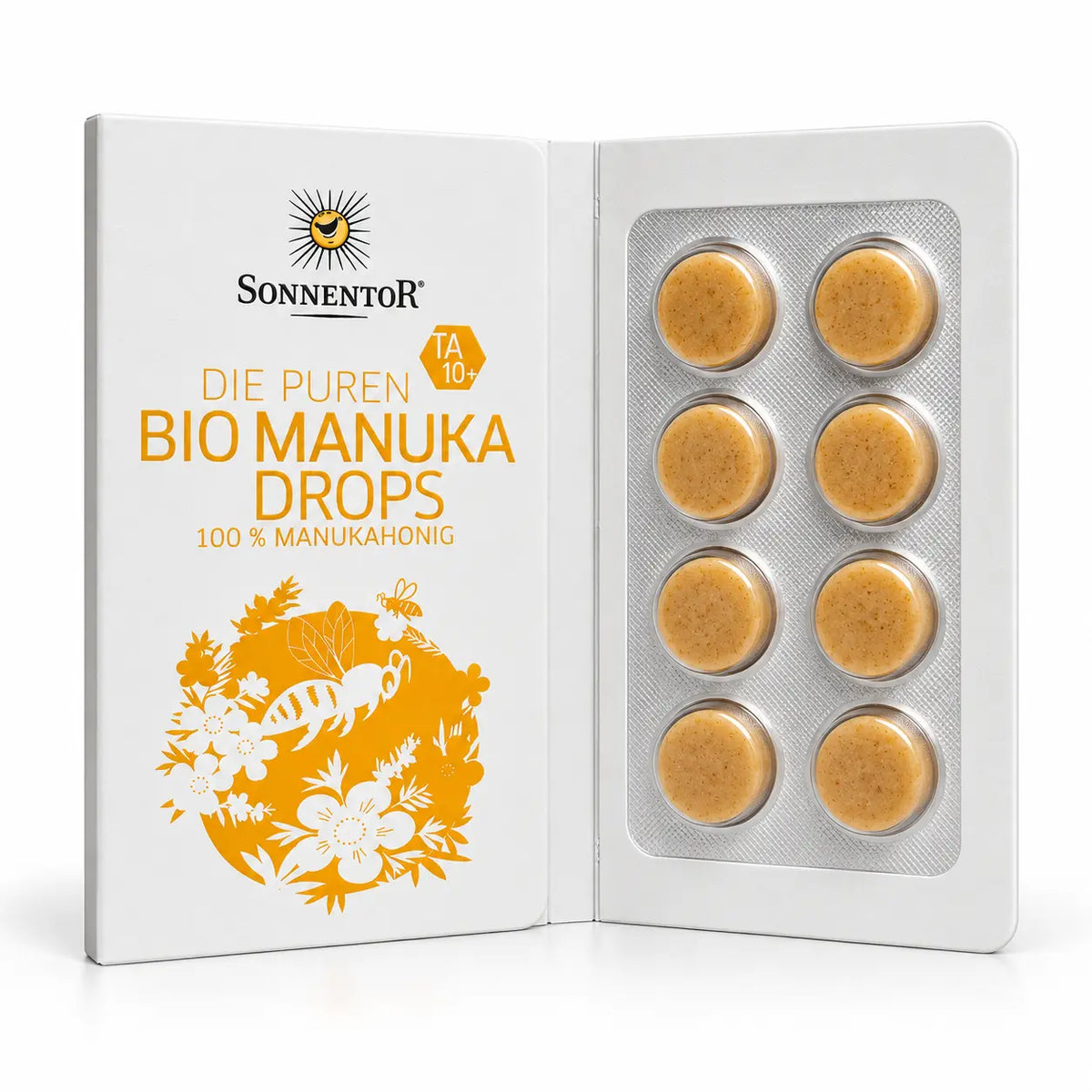 Sonnentor Bio Manuka Drops geöffnet mit 8 einzeln verpackten Manuka-Honig-Drops