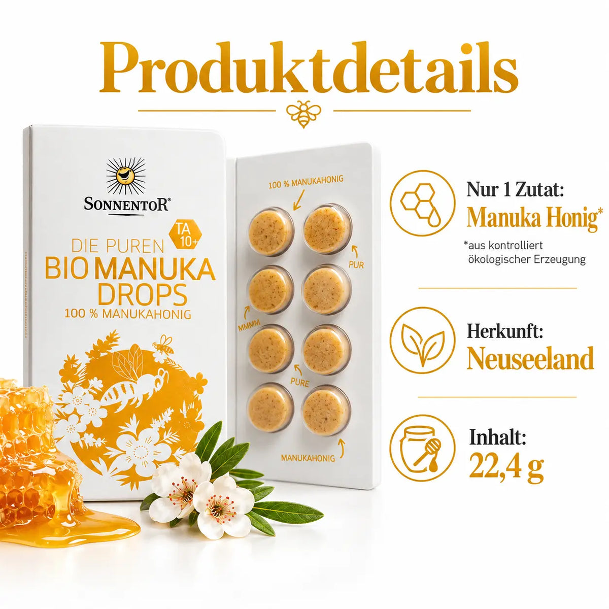 Sonnentor Bio Manuka Drops Produktdetails – Manuka Honig aus Neuseeland, Inhalt 22,4 g
