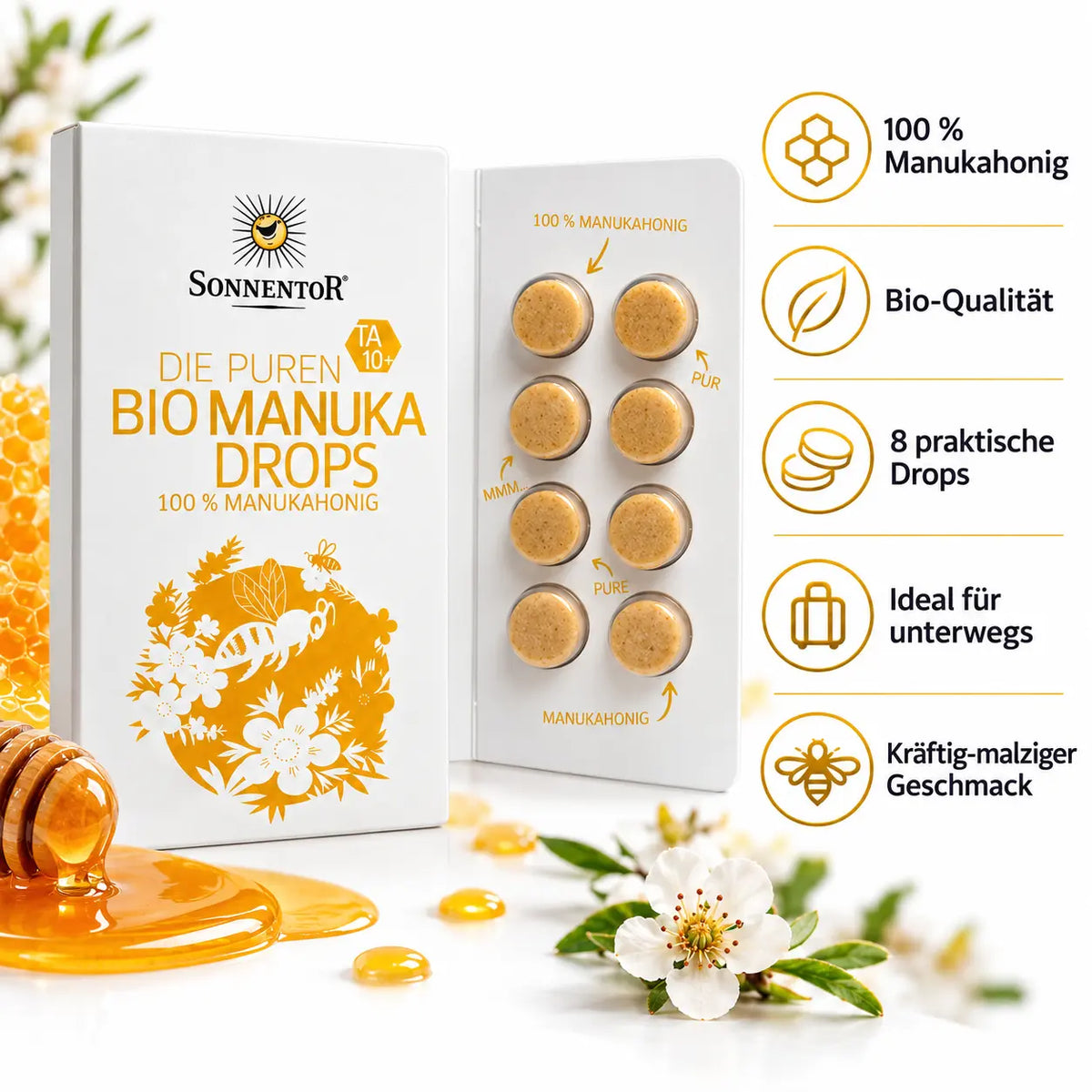 Sonnentor Bio Manuka Drops – 100 % Manukahonig, Bio-Qualität und praktisch für unterwegs