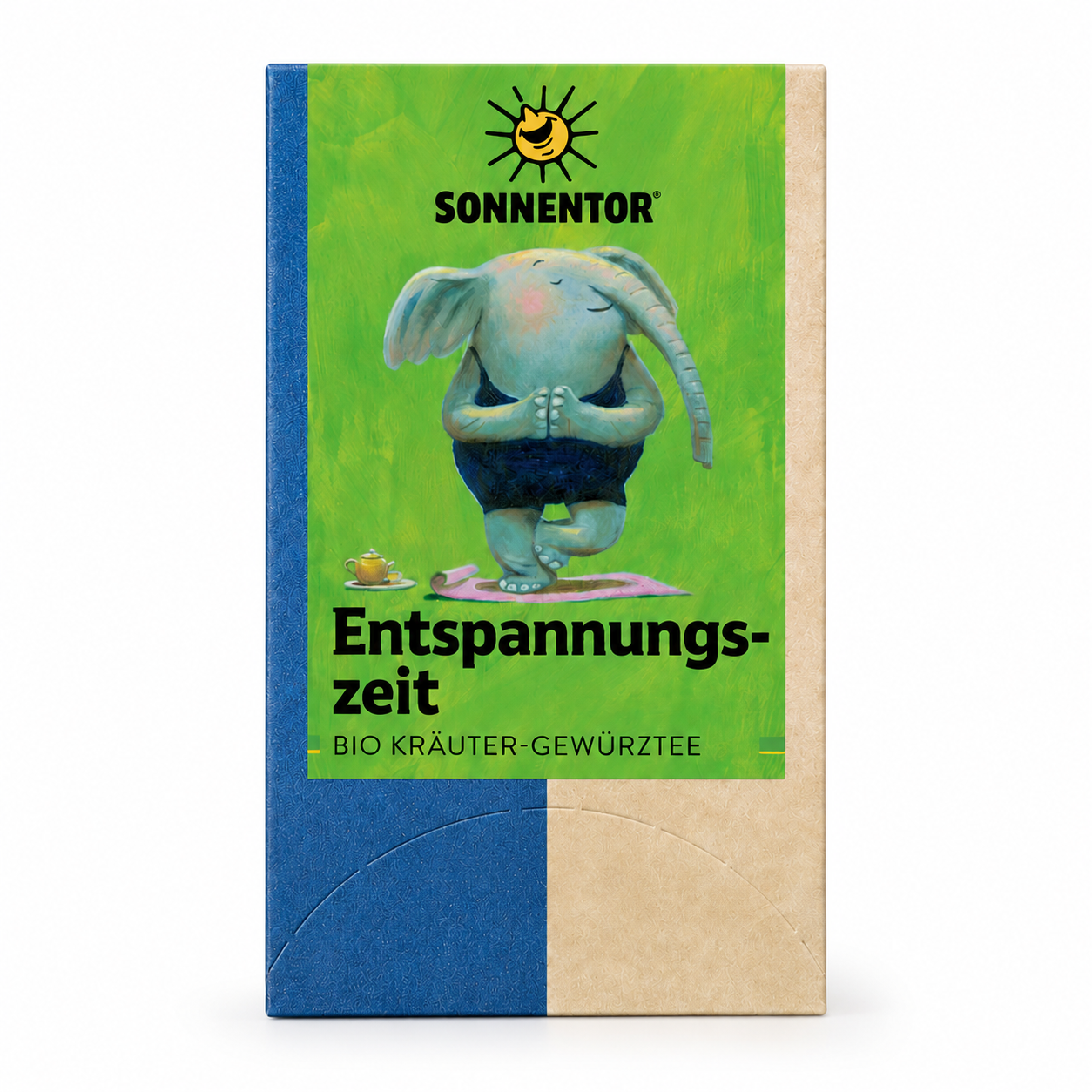 Sonnentor Entspannungszeit Bio-Kräuter-Gewürztee 18 g mit Elefantenmotiv auf der Verpackung
