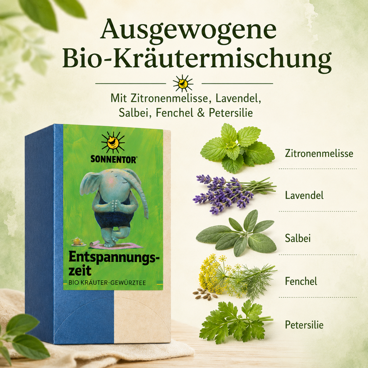 Sonnentor Entspannungszeit Kräutertee mit Zitronenmelisse, Lavendel, Salbei, Fenchel und Petersilie