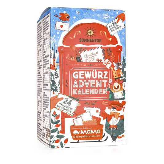 Sonnentor Gewürz Adventskalender 2025 – Vorderseite der Verpackung mit Türchen