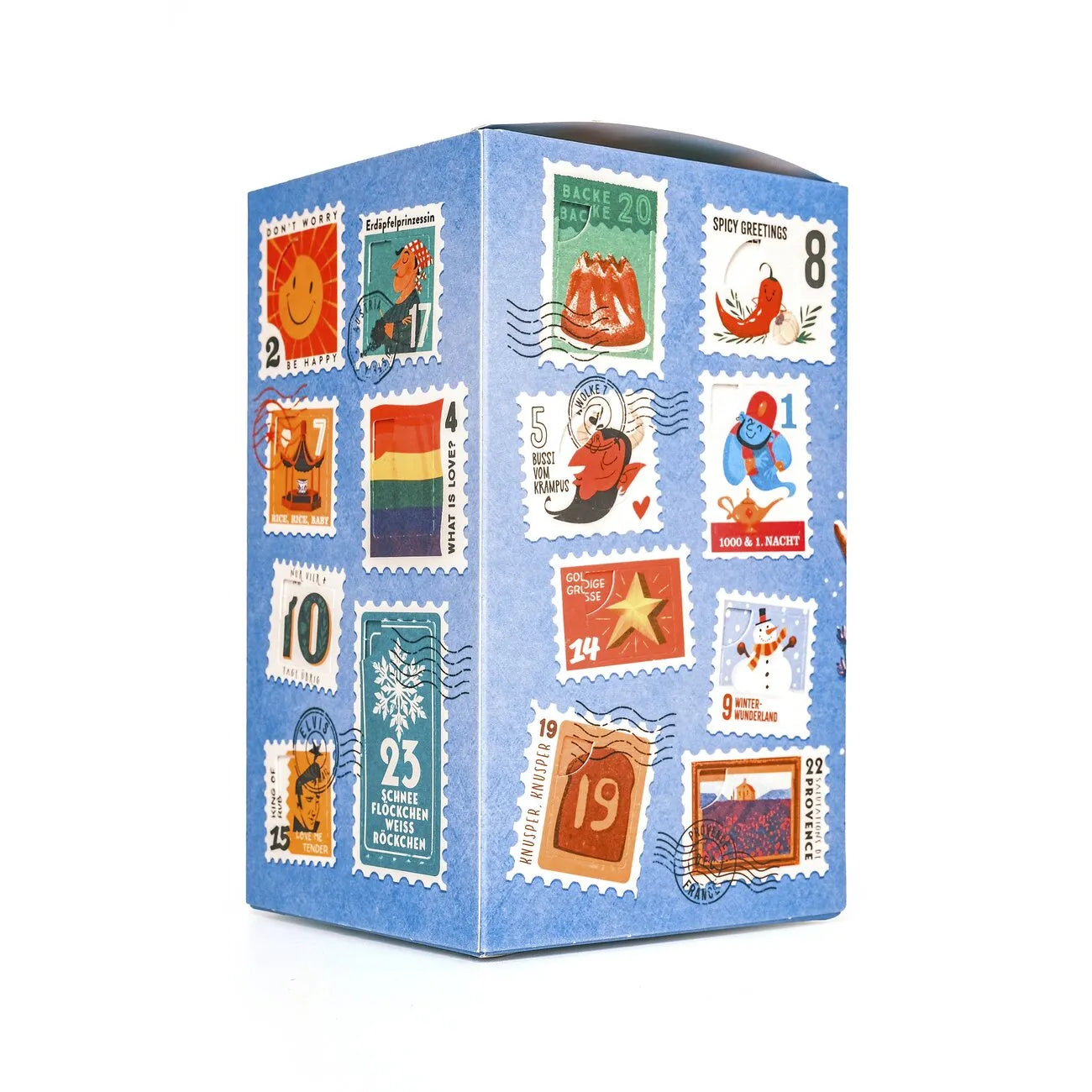 Sonnentor Gewürz Adventskalender 2025 – Seitenansicht mit Illustrationen im Briefmarken-Stil