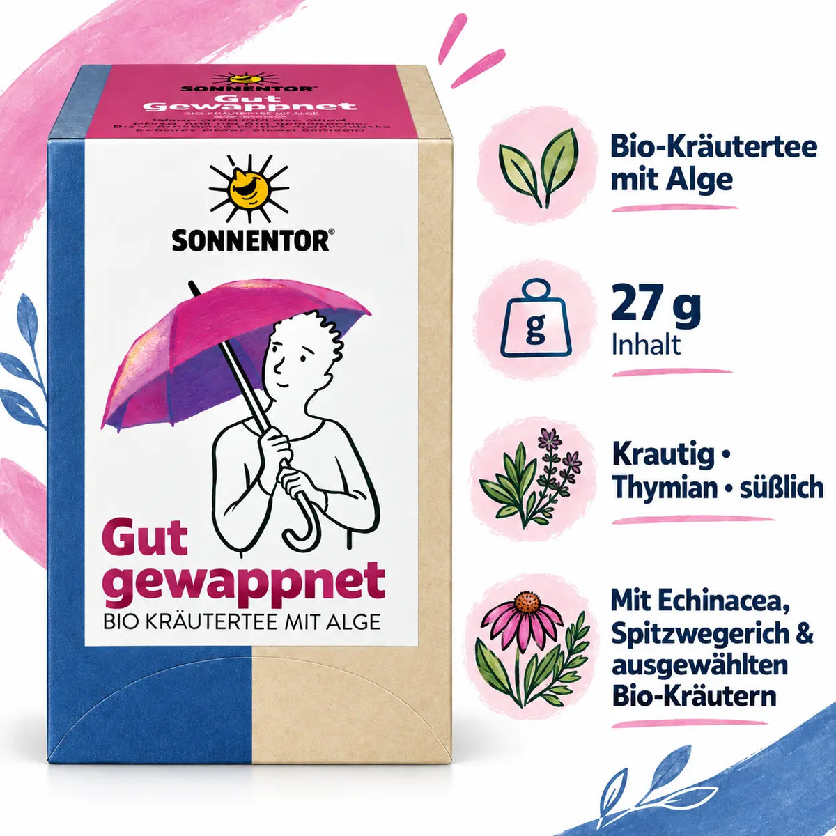 SONNENTOR Gut gewappnet Bio-Kräutertee mit Alge – Infografik zu 27 g Inhalt, Geschmack und ausgewählten Bio-Kräutern