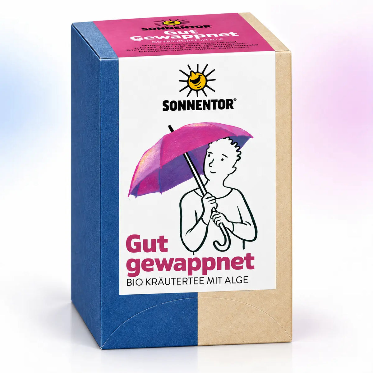 SONNENTOR Gut gewappnet Bio-Kräutertee mit Alge in der 3D-Produktansicht mit sichtbarer Vorder- und Seitenfläche