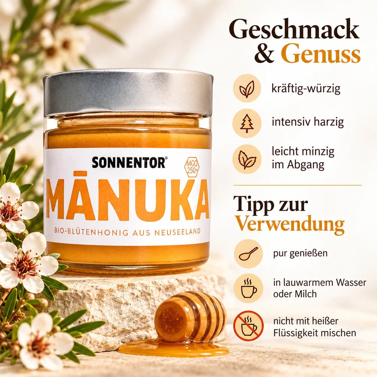 Sonnentor Manukahonig MGO 250+ – kräftig würziger Geschmack und Verwendungstipps