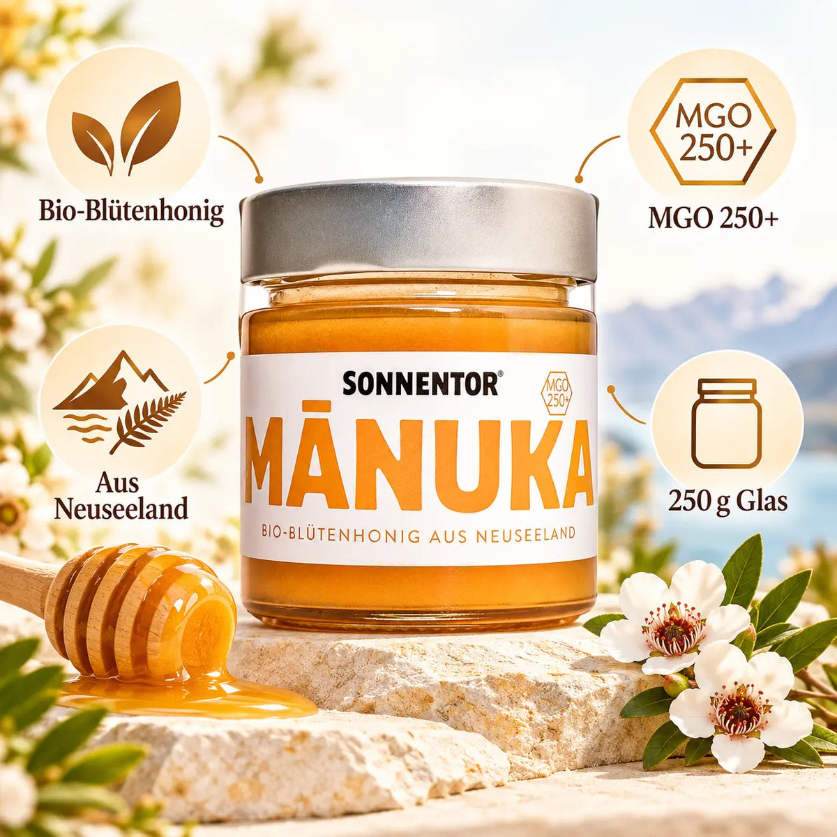 Sonnentor Manukahonig MGO 250+ – Bio-Blütenhonig aus Neuseeland im 250-g-Glas