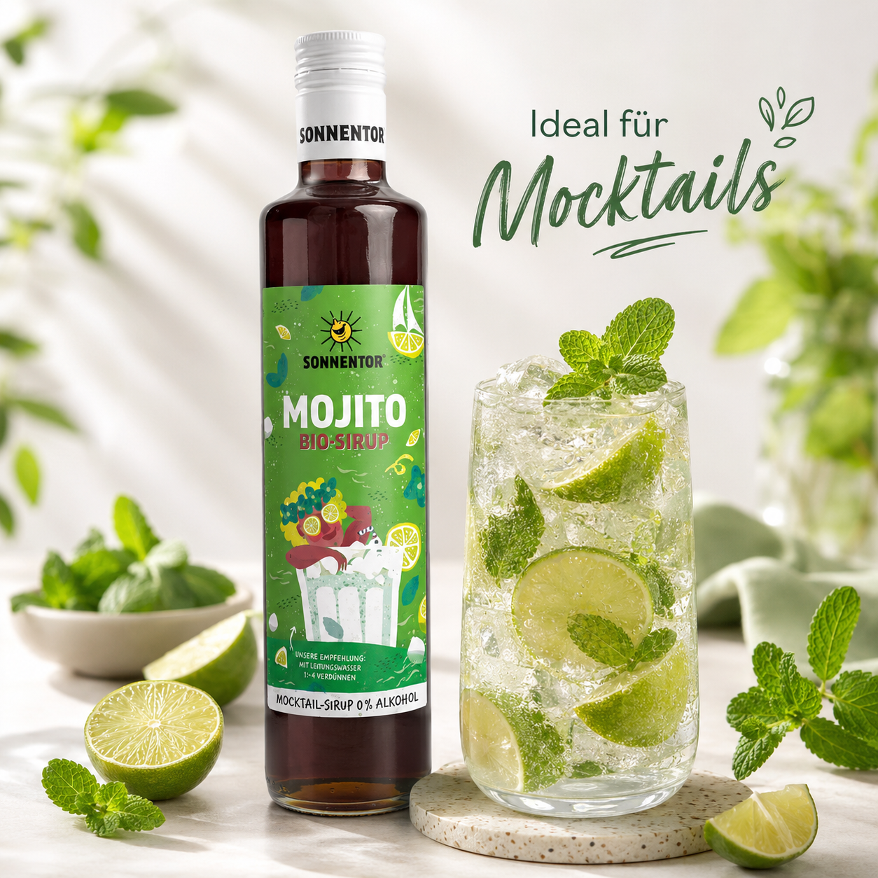 Sonnentor Mojito Bio-Sirup neben alkoholfreiem Mocktail mit Limette, Minze und Eis
