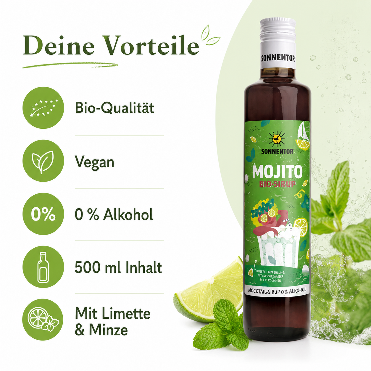 Vorteile des Sonnentor Mojito Bio-Sirups: bio, vegan, alkoholfrei, 500 ml und mit Limette und Minze