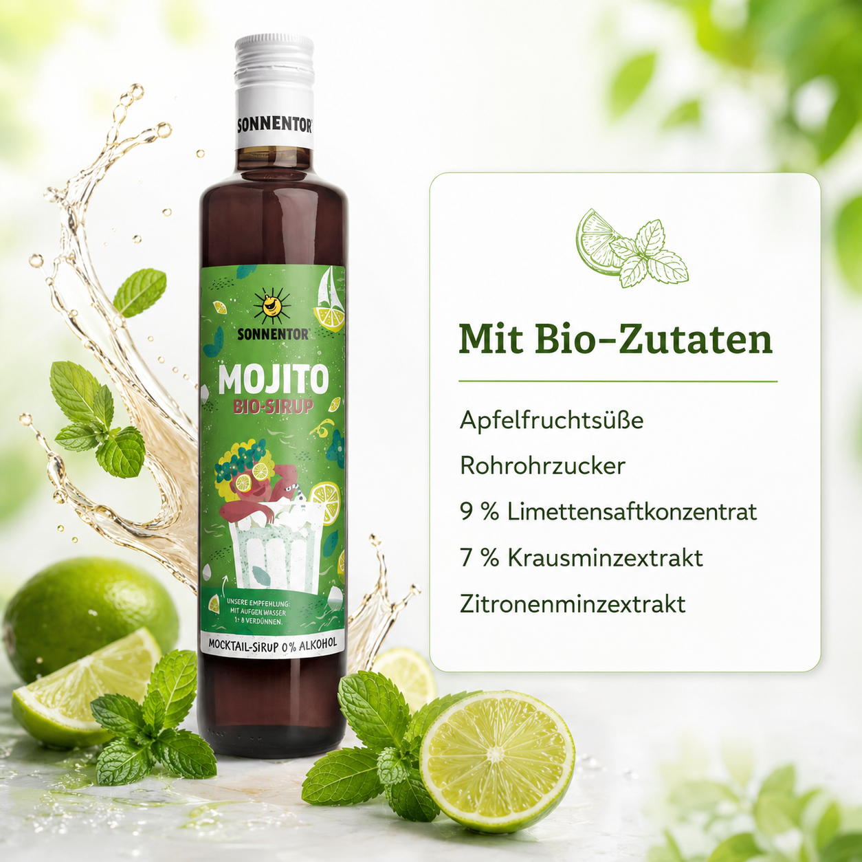 Sonnentor Mojito Bio-Sirup mit Bio-Zutaten wie Limette, Krausminze und Zitronenminze