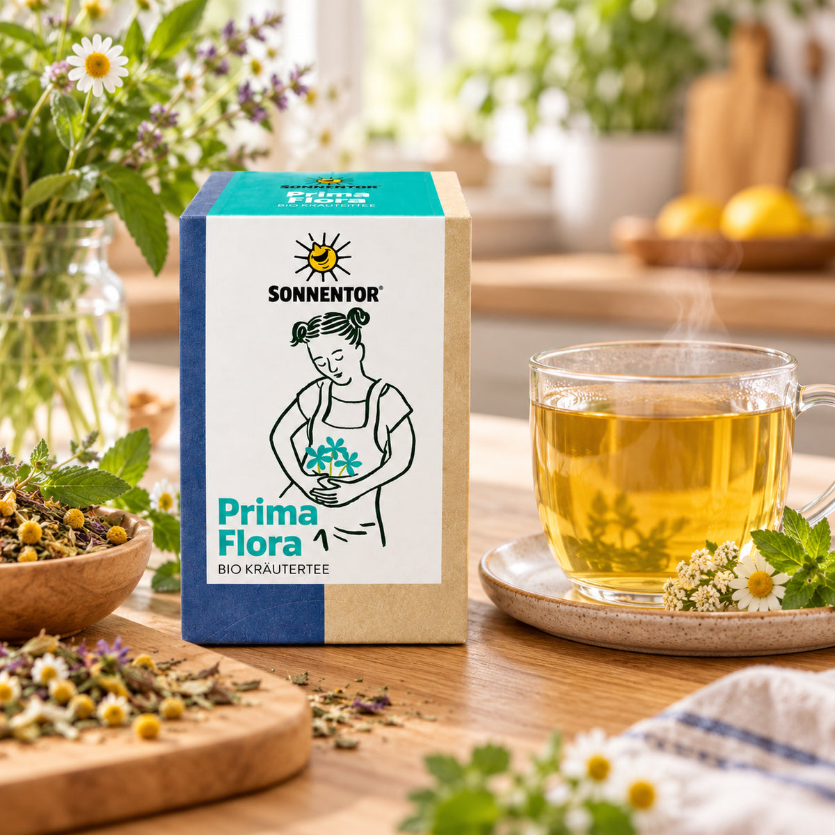 SONNENTOR Prima Flora Bio Kräutertee neben einer frisch aufgebrühten Tasse Tee auf einem sonnigen Holztisch mit Kräutern
