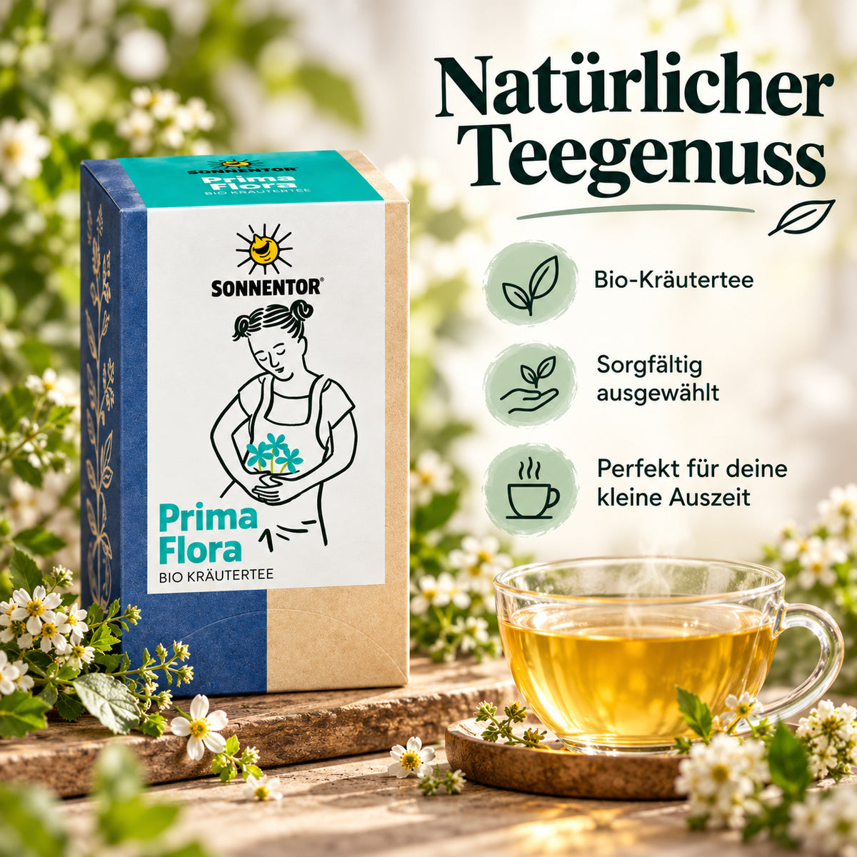 SONNENTOR Prima Flora Bio Kräutertee mit Tasse Kräutertee und Informationen zu Bio-Qualität und Teegenuss
