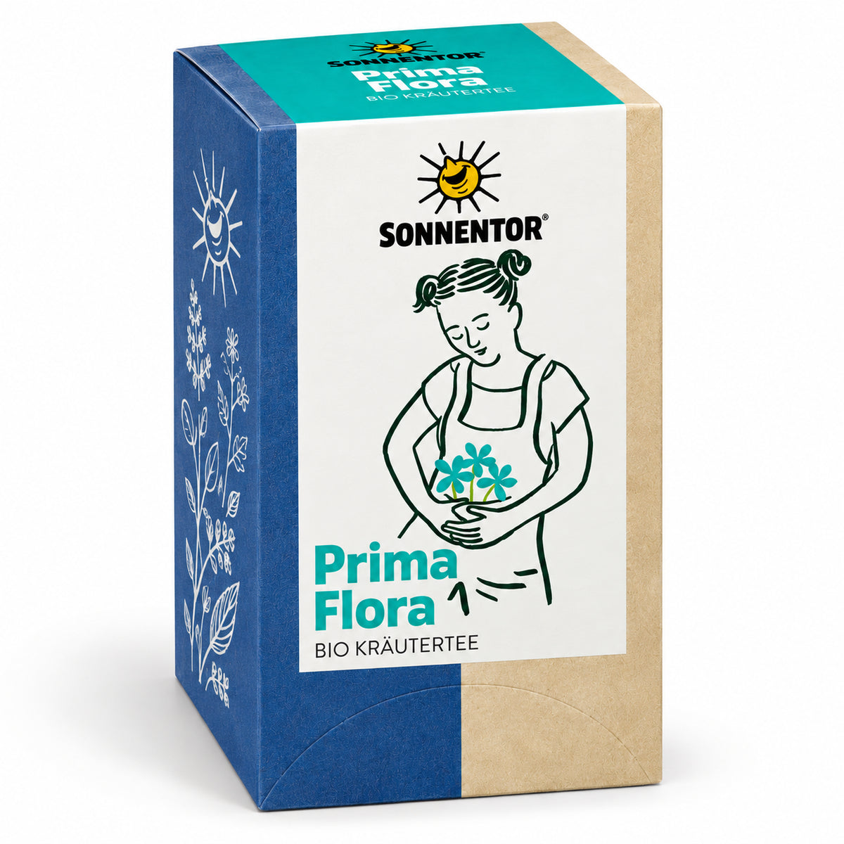 SONNENTOR Prima Flora Bio Kräutertee – Teepackung in dreidimensionaler Seitenansicht mit Verpackungsdesign