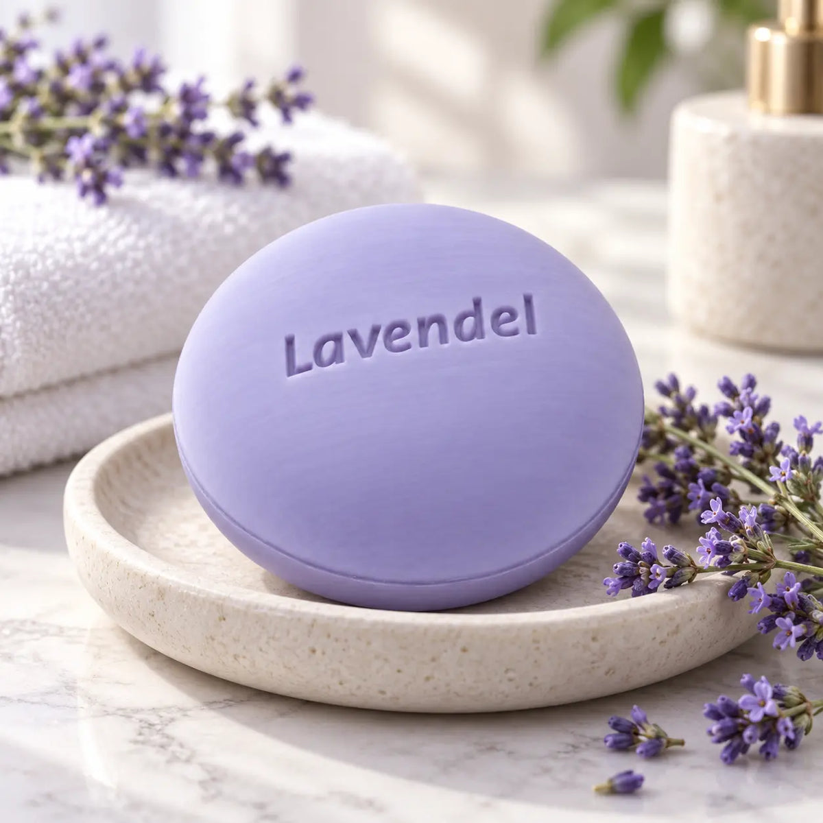 Speick Badeseife Lavendel auf einer Seifenschale mit Lavendelblüten im Badezimmer